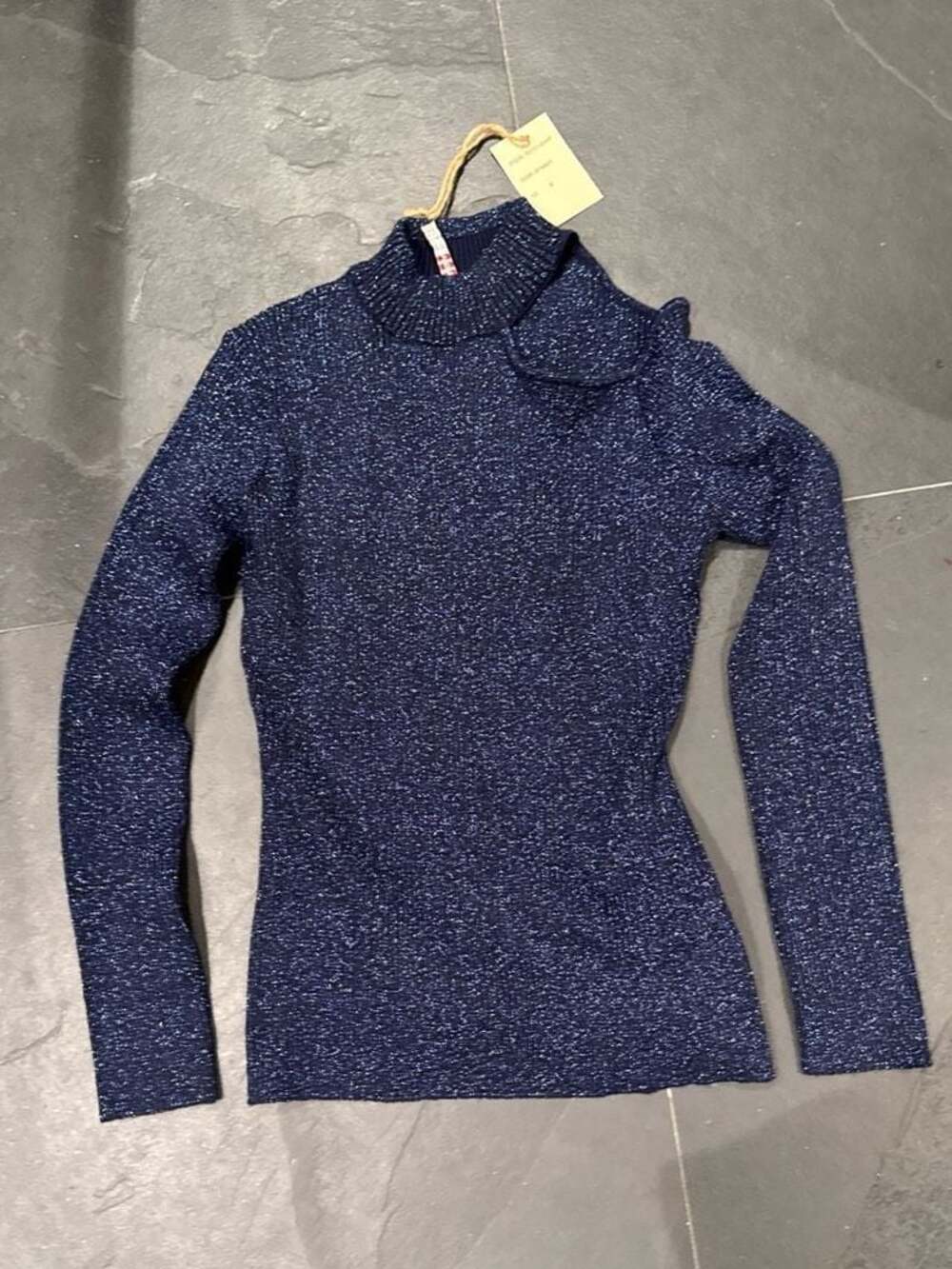 Raga Navy Blue Metallic Glitter Ribbed Mock Neck Long Sleeve Sweater